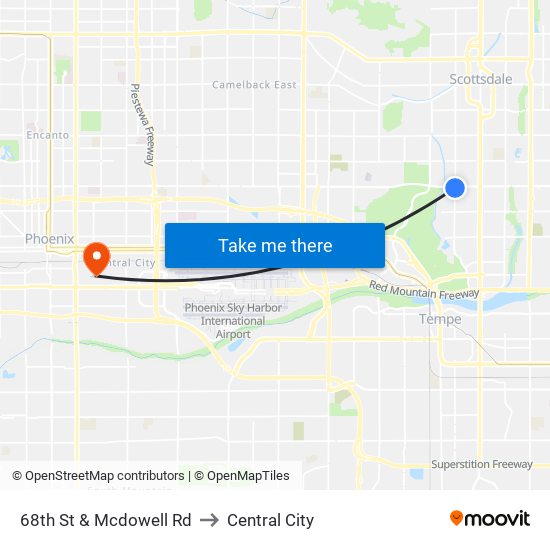 68th St & Mcdowell Rd to Central City map