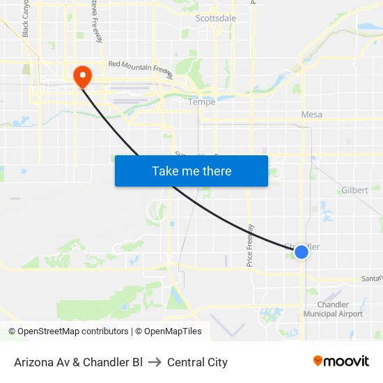 Arizona Av & Chandler Bl to Central City map