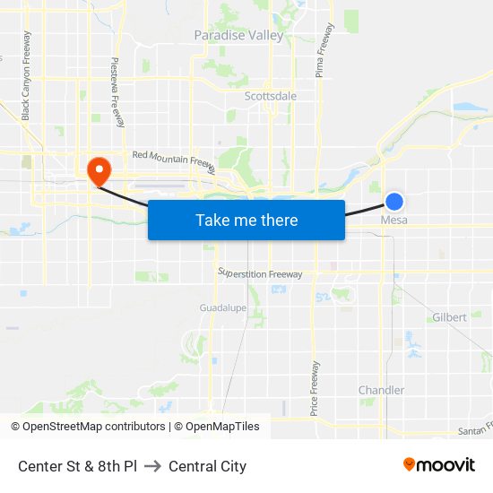 Center St & 8th Pl to Central City map