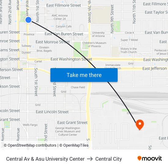 Central Av & Asu University Center to Central City map