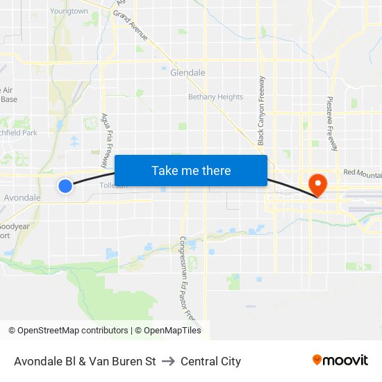 Avondale Bl & Van Buren St to Central City map