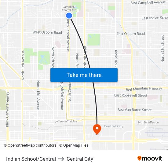 Indian School/Central to Central City map