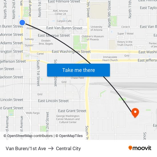 Van Buren/1st Ave to Central City map