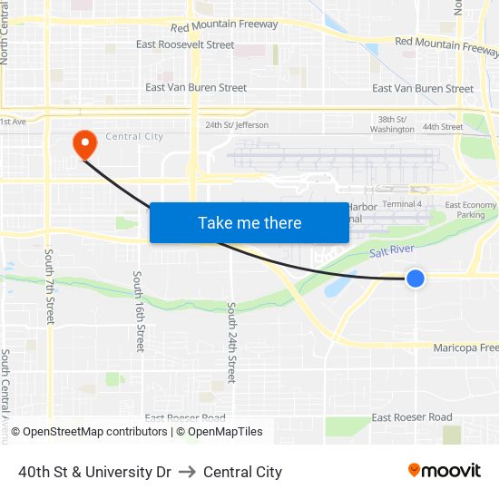 40th St & University Dr to Central City map