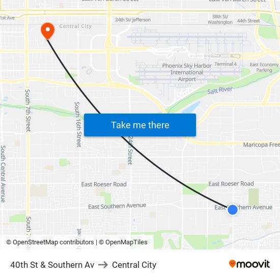 40th St & Southern Av to Central City map