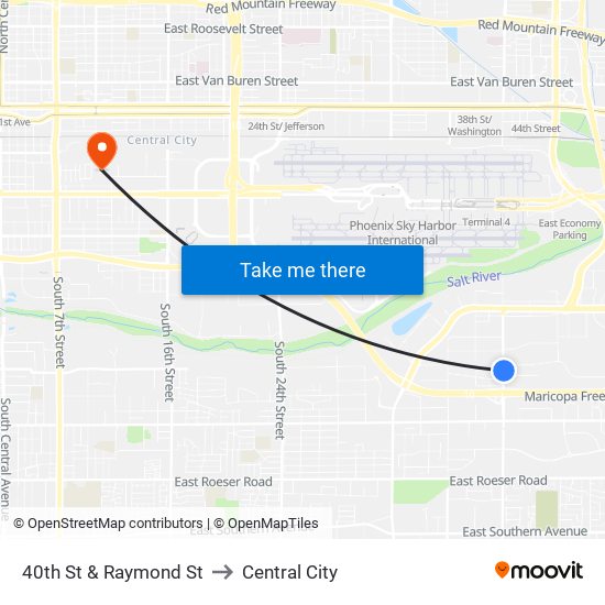 40th St & Raymond St to Central City map