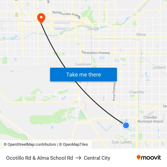 Ocotillo Rd & Alma School Rd to Central City map