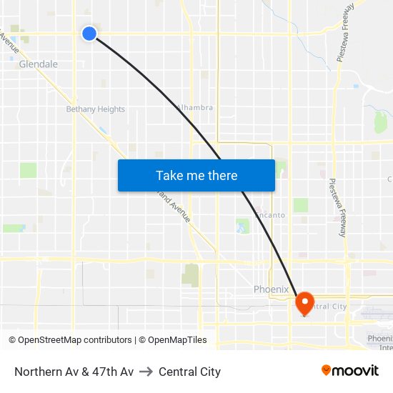 Northern Av & 47th Av to Central City map