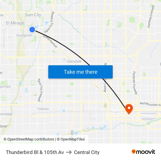 Thunderbird Bl & 105th Av to Central City map