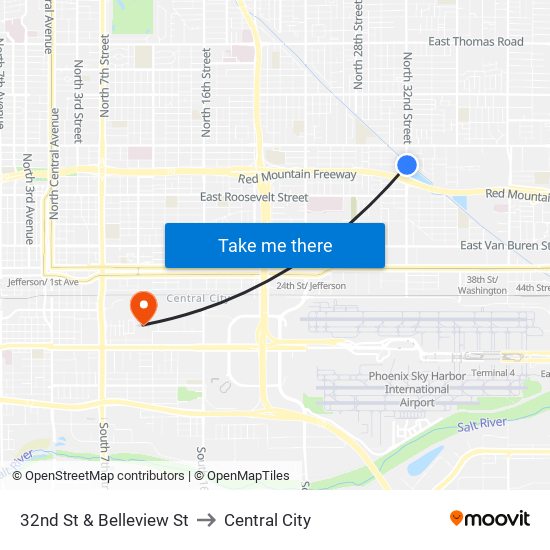 32nd St & Belleview St to Central City map