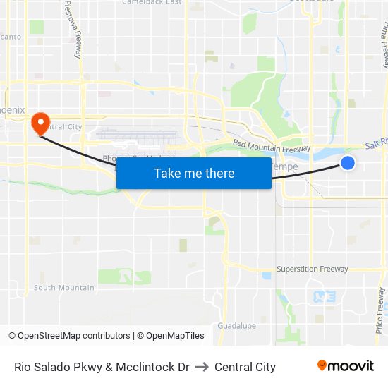 Rio Salado Pkwy & Mcclintock Dr to Central City map