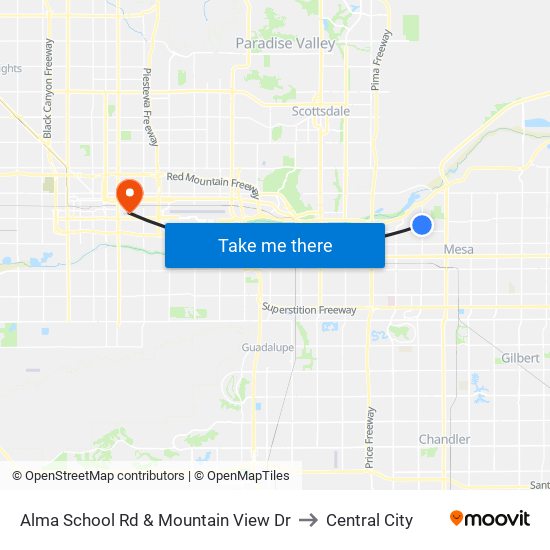 Alma School Rd & Mountain View Dr to Central City map