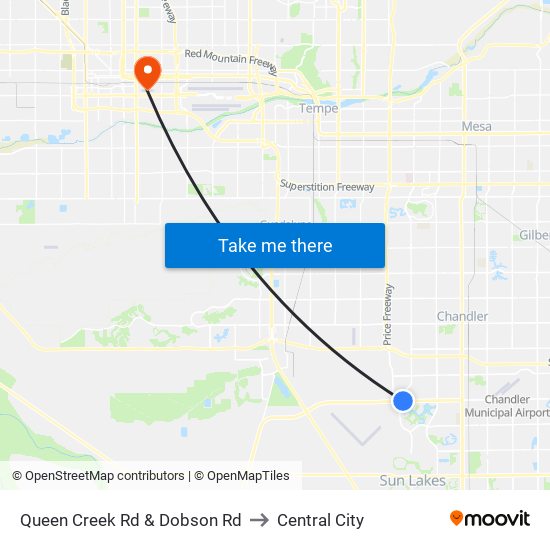 Queen Creek Rd & Dobson Rd to Central City map