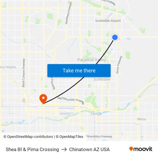 Shea Bl & Pima Crossing to Chinatown AZ USA map