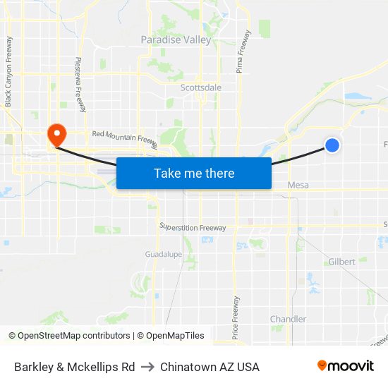 Barkley & Mckellips Rd to Chinatown AZ USA map