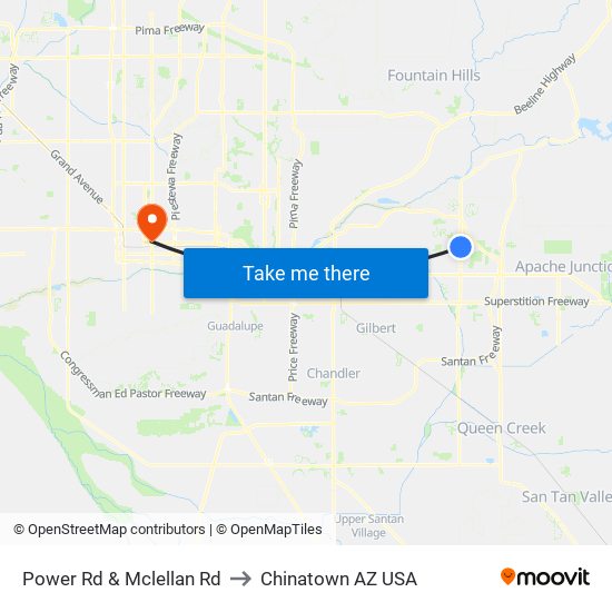 Power Rd & Mclellan Rd to Chinatown AZ USA map