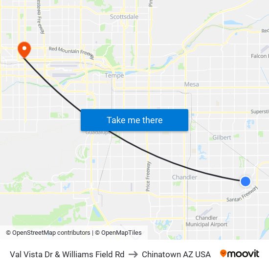 Val Vista Dr & Williams Field Rd to Chinatown AZ USA map