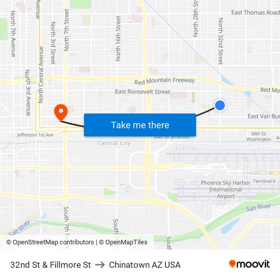 32nd St & Fillmore St to Chinatown AZ USA map