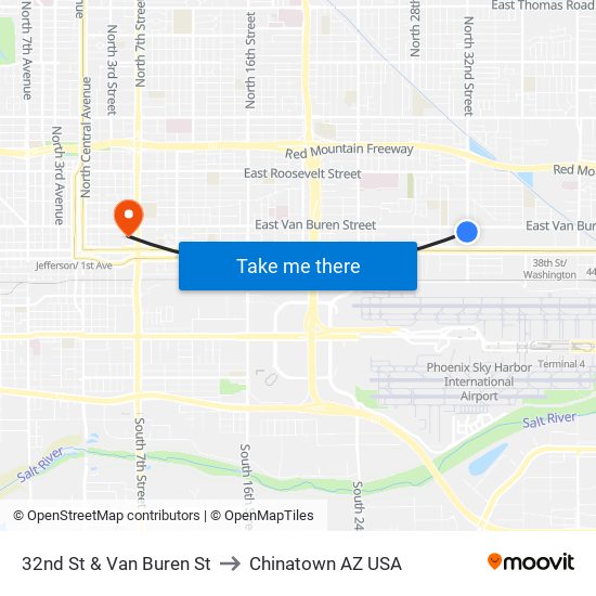 32nd St & Van Buren St to Chinatown AZ USA map