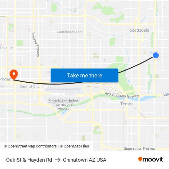 Oak St & Hayden Rd to Chinatown AZ USA map