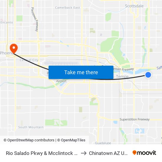 Rio Salado Pkwy & Mcclintock Dr to Chinatown AZ USA map