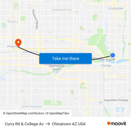 Curry Rd & College Av to Chinatown AZ USA map