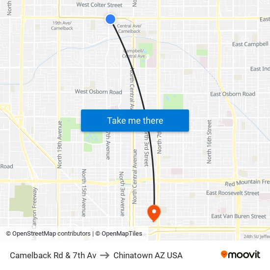 Camelback Rd & 7th Av to Chinatown AZ USA map