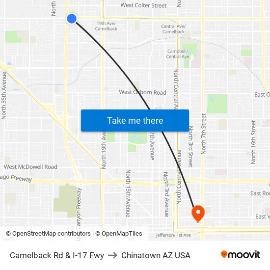 Camelback Rd & I-17 Fwy to Chinatown AZ USA map