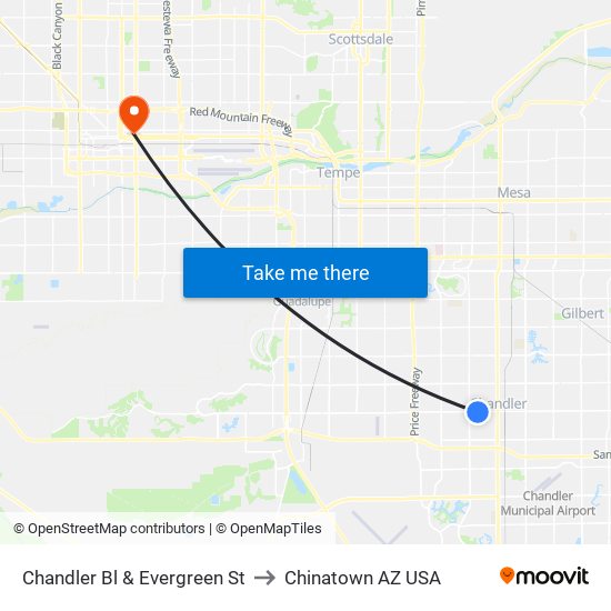 Chandler Bl & Evergreen St to Chinatown AZ USA map
