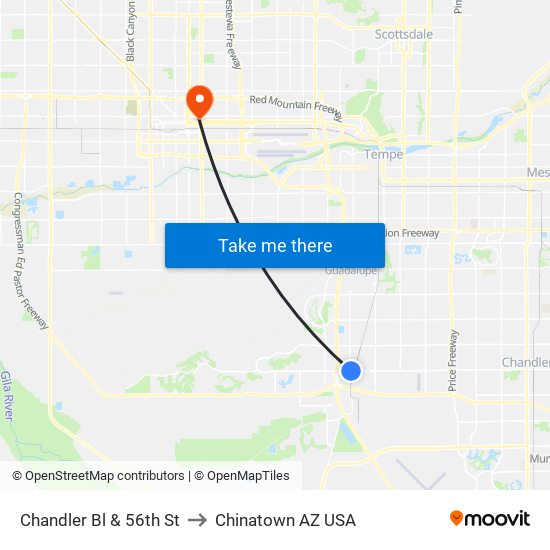 Chandler Bl & 56th St to Chinatown AZ USA map