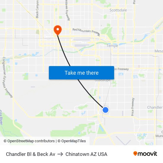 Chandler Bl & Beck Av to Chinatown AZ USA map