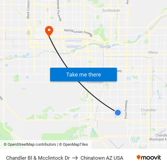 Chandler Bl & Mcclintock Dr to Chinatown AZ USA map