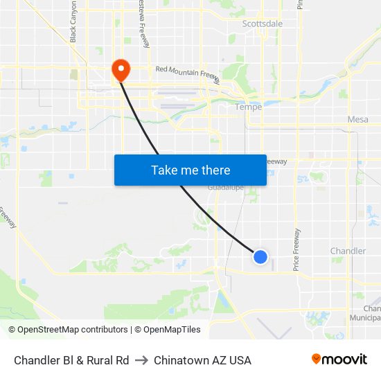 Chandler Bl & Rural Rd to Chinatown AZ USA map