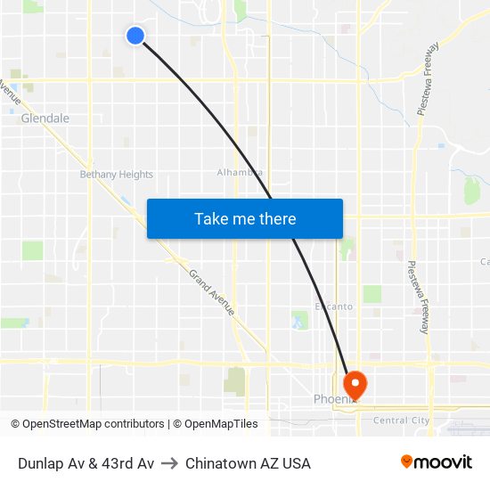 Dunlap Av & 43rd Av to Chinatown AZ USA map