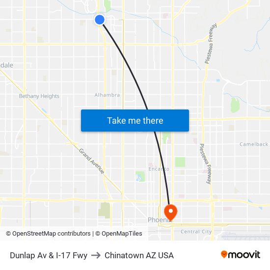 Dunlap Av & I-17 Fwy to Chinatown AZ USA map