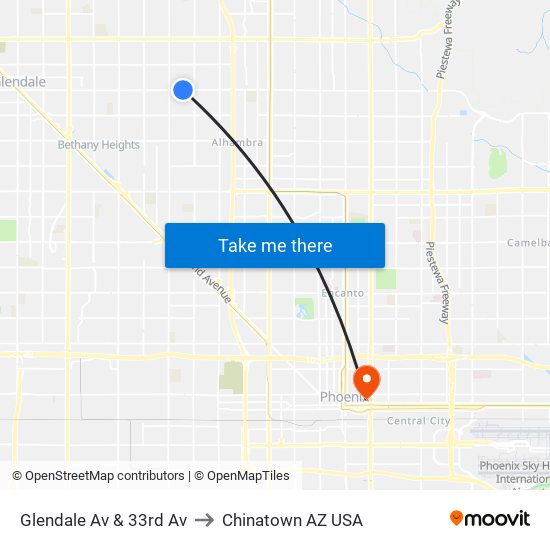 Glendale Av & 33rd Av to Chinatown AZ USA map