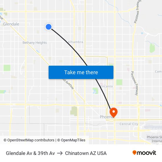 Glendale Av & 39th Av to Chinatown AZ USA map