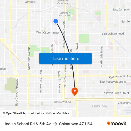 Indian School Rd & 5th Av to Chinatown AZ USA map