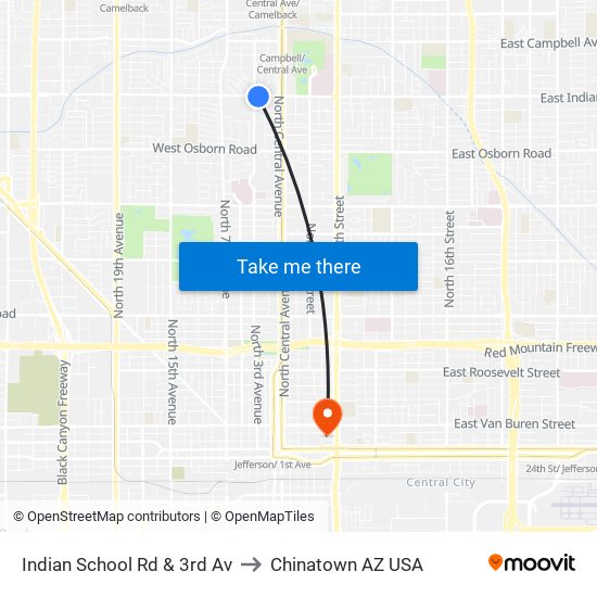 Indian School Rd & 3rd Av to Chinatown AZ USA map