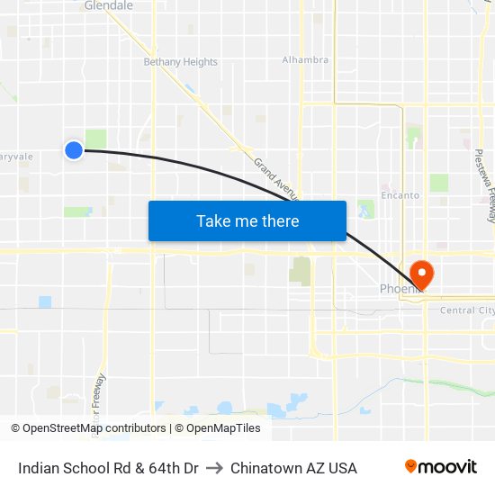 Indian School Rd & 64th Dr to Chinatown AZ USA map