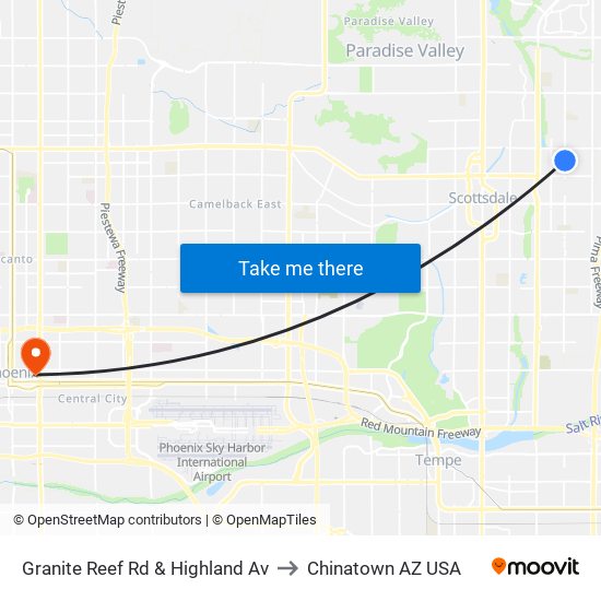 Granite Reef Rd & Highland Av to Chinatown AZ USA map