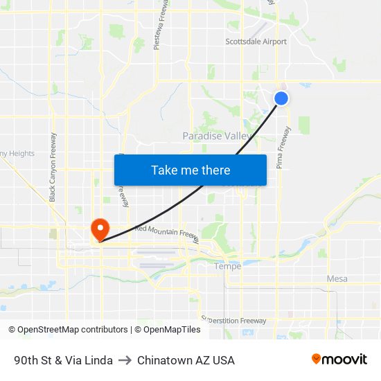 90th St & Via Linda to Chinatown AZ USA map
