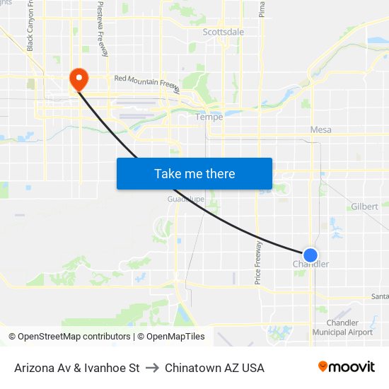 Arizona Av & Ivanhoe St to Chinatown AZ USA map
