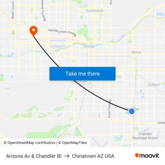 Arizona Av & Chandler Bl to Chinatown AZ USA map