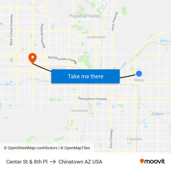 Center St & 8th Pl to Chinatown AZ USA map