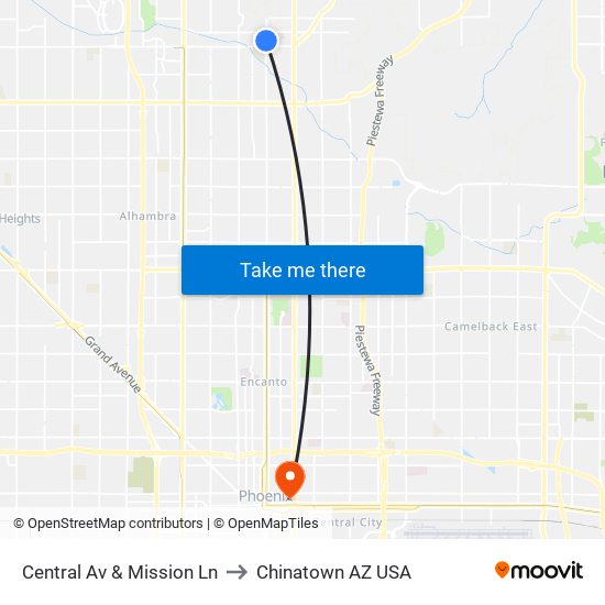 Central Av & Mission Ln to Chinatown AZ USA map