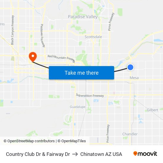 Country Club Dr & Fairway Dr to Chinatown AZ USA map