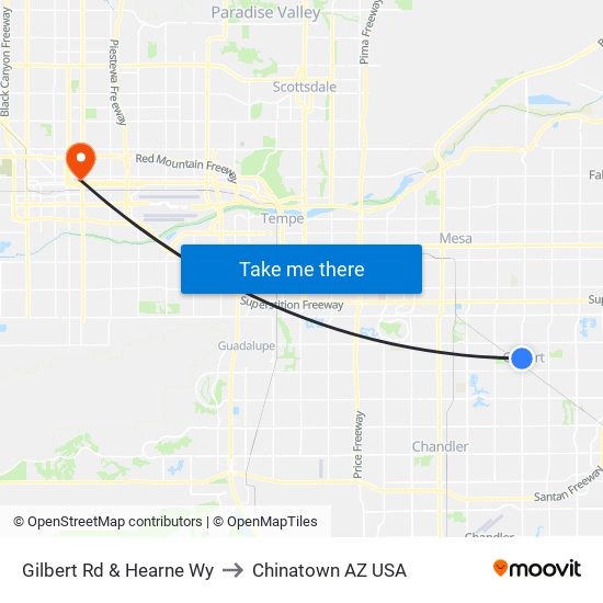 Gilbert Rd & Hearne Wy to Chinatown AZ USA map