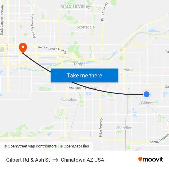 Gilbert Rd & Ash St to Chinatown AZ USA map