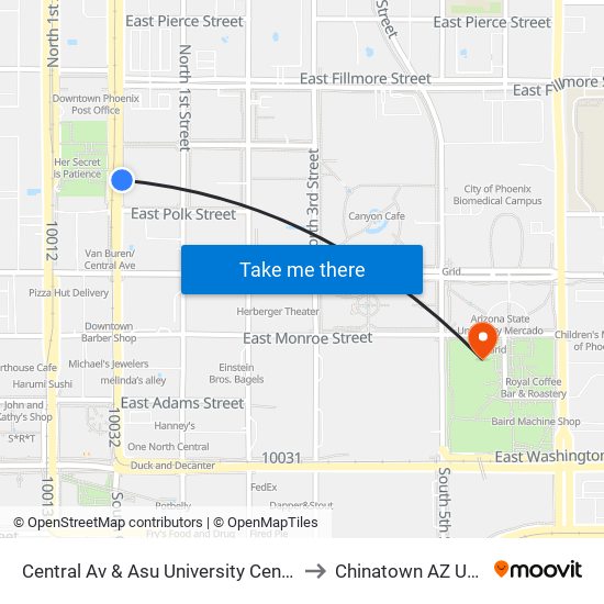 Central Av & Asu University Center to Chinatown AZ USA map